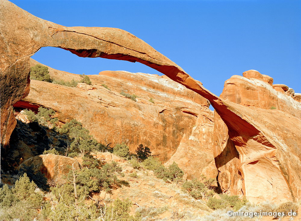 Landscape Arch
Arches NP
Schlüsselwörter: Erdgeschichte, Naturwunder, Schönheit, abgelegen, Abenteuer, Entdecken, Aktivität, Umwelt, Vegetation, kraftvoll, Schöpfung, beeindruckend, traumhaft, hinreißend, rauh, Himmel, blau, Gestein, Sediment, Schichten, Ablagerung, gross,
