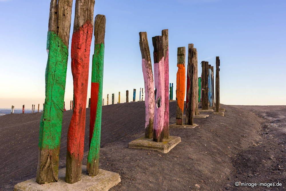 Installation Totems vom baskischen Maler und Bildhauer Agust�n Ibarrola - Halde Prosper Haniel 
Oberhausen
Schlüsselwörter: Kunst Halde Bahnschwellen farbig Totem Symbol Industriekultur Ruhrgebiet